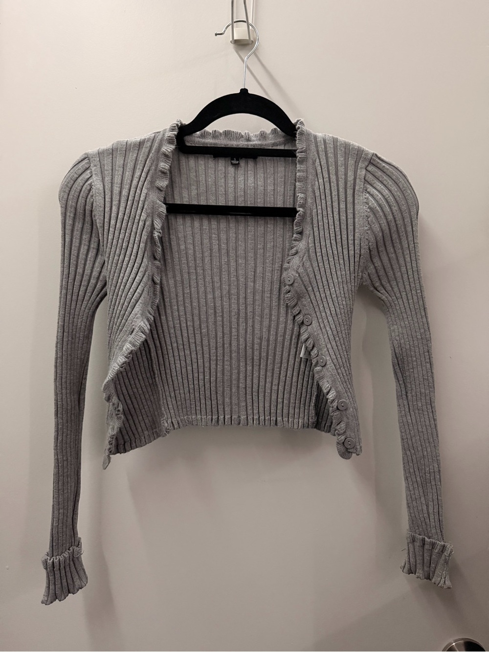Love Tree Gray Ribbed Ruffle-Trim Cardigan Sweater - Picture 4 of 5